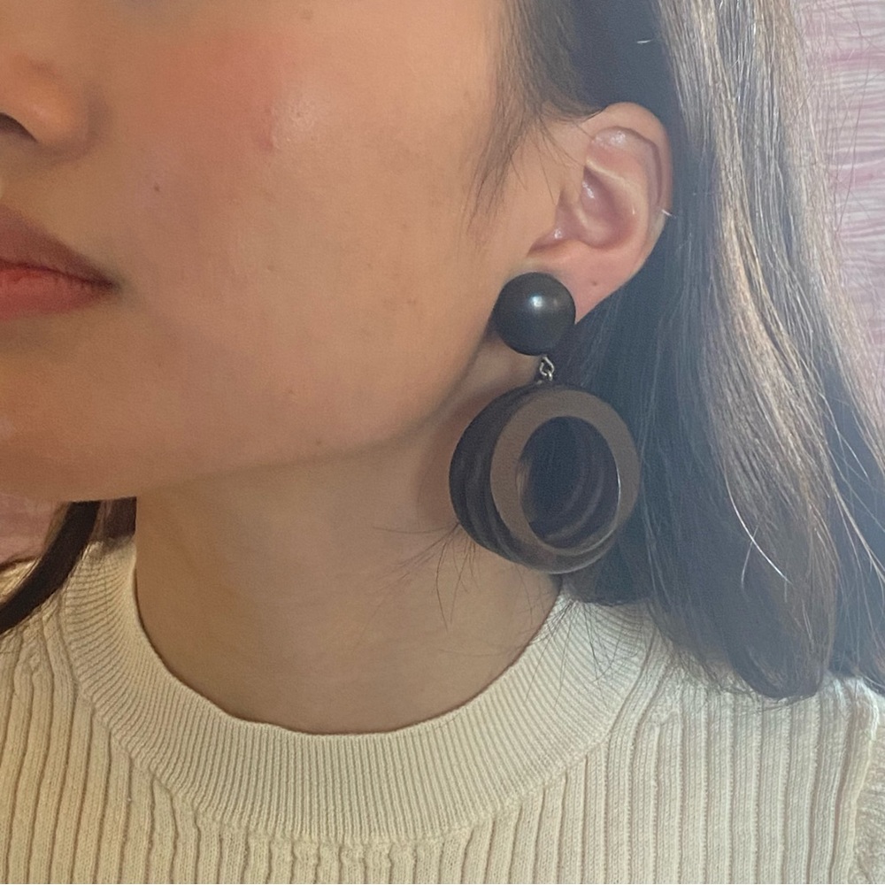 Vintage Large Hoop Circle Hand Carved Polished Wooden Drop Stud Earrings